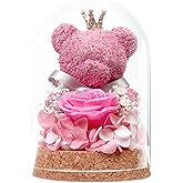 DoraMagic Preserved Rose Flowers Gifts for Her, Real Forever Rose in Glass Dome with Adorable Bear for Girlfriend,Mom,Wife,Grandma on Birthday Anniversary Valentine's Day