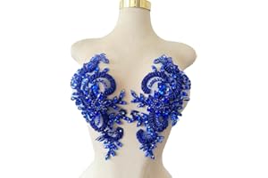 XINC.BKAP Handmade Rhinestones on Lace Applique Trim Sewing Beads Sequins Trim Patches for Wedding Dress Accessories 1Pair/Bag 4.72X11.8inches (Blue)