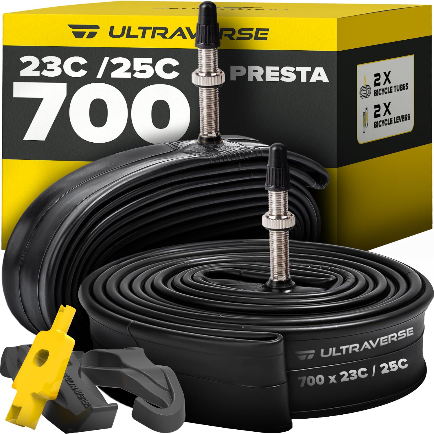 Photo 1 of Ultraverse Bike Inner Tube for 700x23-25c, 28 inch Bicycle Wheel Sizes with 48mm Presta Valve - Butyl Rubber Tubes for Road and Gravel Bikes - 2 Tubes with 2 tire levers Included