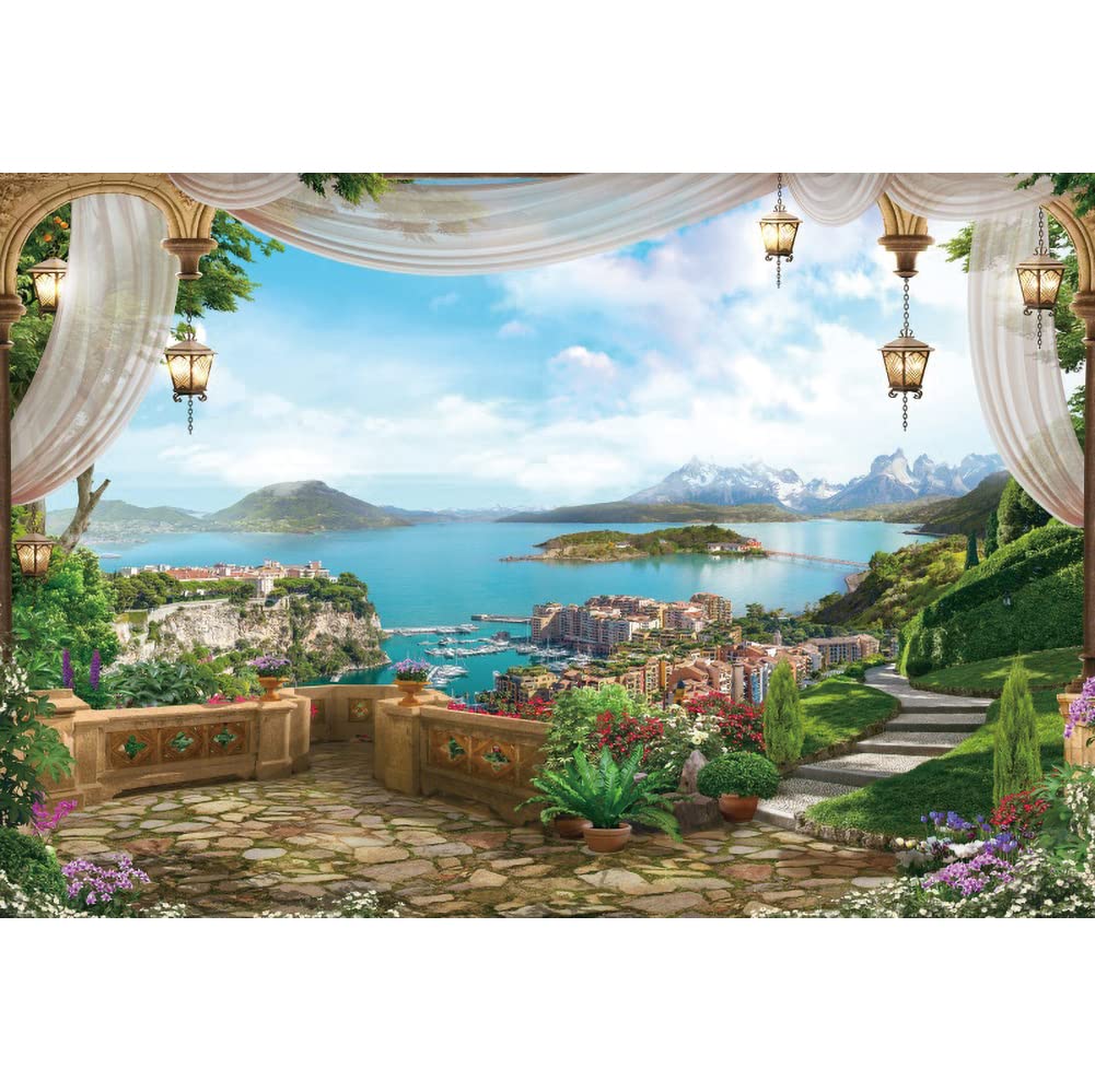 Renaiss 10x8ft Palace Balcony Backdrop Seascape Garden Pretty Scenery Photography Background Romantic Wedding Party Decoration Banner Girl Bride Artistic Portrait Shoot Wallpaper Studio Props