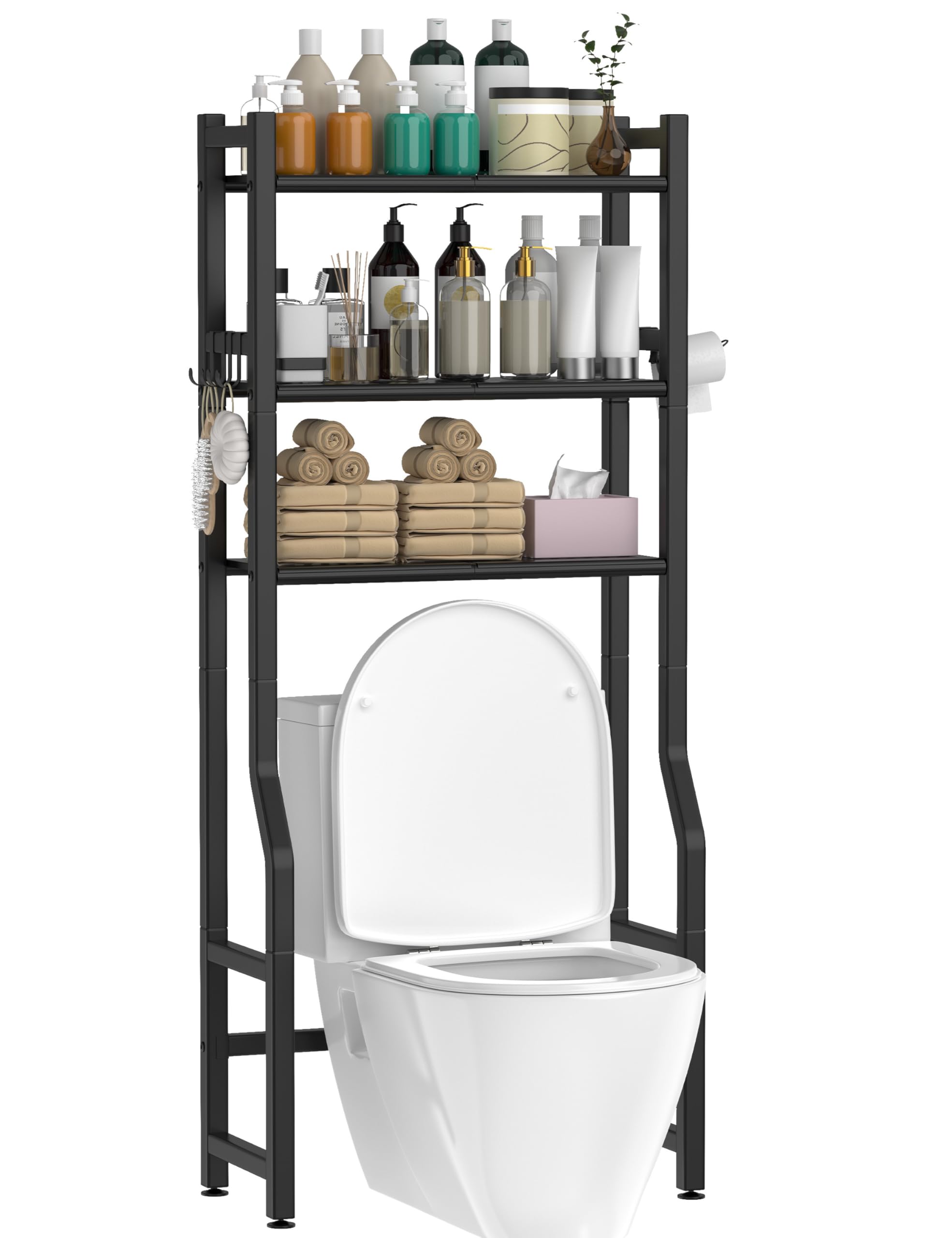 Livilord 3 Tier Over The Toilet Storage Rack with Toilet Paper Holder, Metal Freestanding Bathroom Shelves with 4 Hooks, Over Toilet Storage Shelf for Bathroom Storage, Black Image