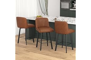 SAECKBERG Swivel Bar Stools Set of 3, 26''H Upholstered Barstools with Backs, Modern Counter Height Bar Stool Chairs for Kitchen Island, Metal Legs, Faux Leather, Brown Counter Stools