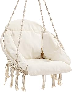 SONGMICS Hanging Chair, Hammock Chair with Large, Thick Cushion, Swing Chair, Holds up to 264 lb, for Terrace, Balcony, Garden, Living Room, Scandinavian, Shabby Chic, Cloud White UGDC042M01