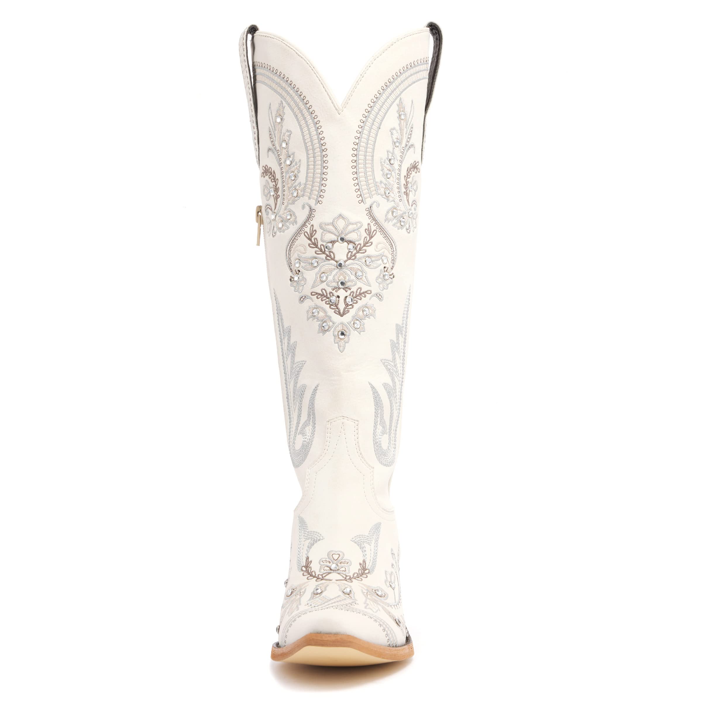 Western Cowboy Boots for Women Embroidered Rhinestones Knee High Cowgirl Boots Pointed Toe Chunky Heel Fashion Retro Classic Tall Boot