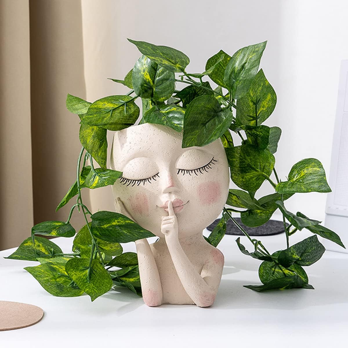 Luyi-Life Girl Face Planter Pot Cute Head Planter,Face Flower Pots for Indoor Outdoor Plants Cactus Succulent Resin Girl Head Planter Pots with Drainage Hole-SHH Closed Eyes for Home Office Garden