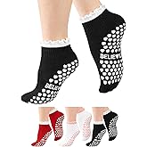 HM² 3 Pairs Cute Women’s Pilates Socks with Non-Slip Heart Grips – Ruffle Top, Ribbon Bow & Stretch Cotton Soft Breathable – Anti-Skid Yoga, Barre, Ballet, Dance, and Home Workout Socks