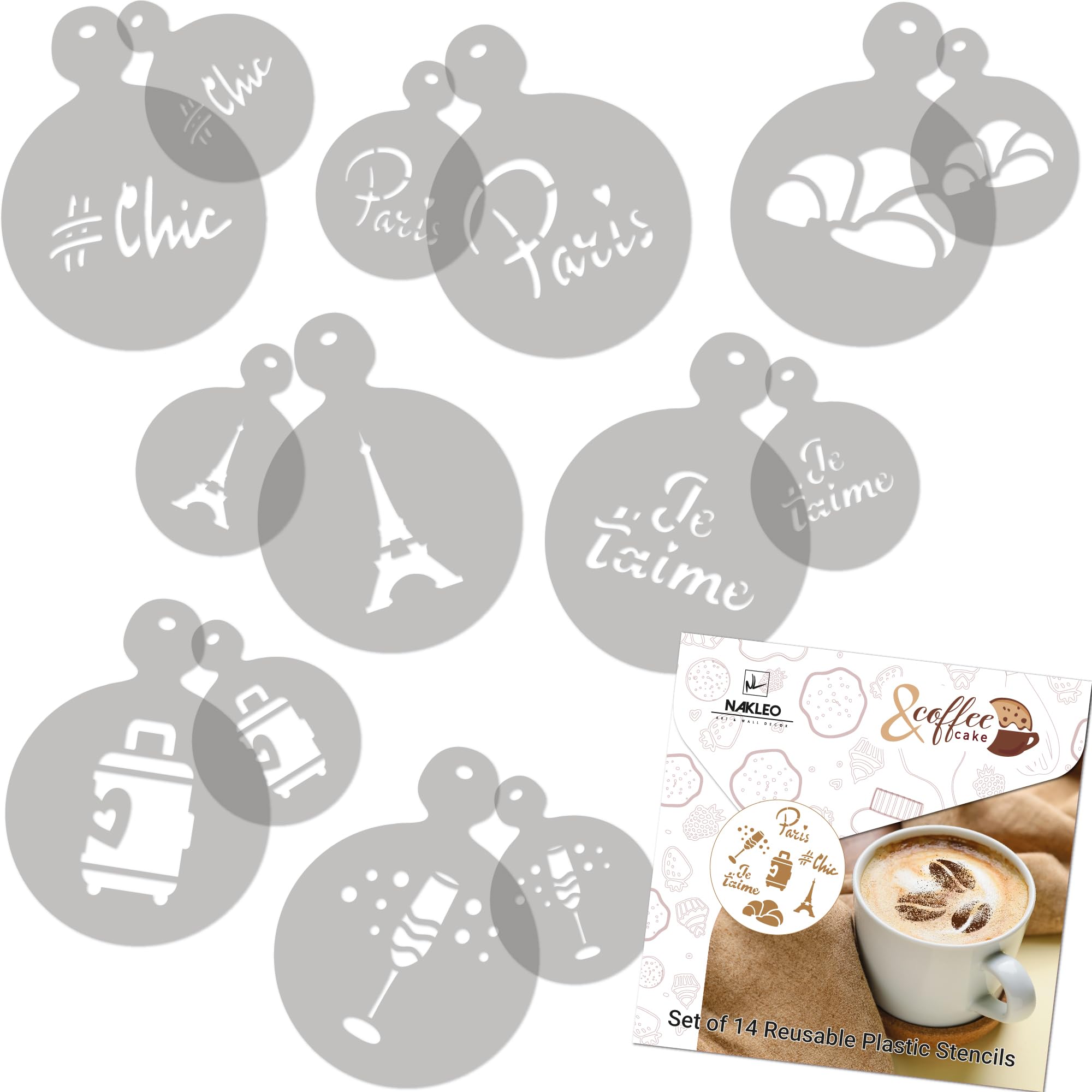NAKLEO Coffee Stencils and Cookies Decoration 14Pcs 7x7 and 11x11cm, Reusable Plastic Baking Templates, Paris Travel France, Barista DIY Art Craft, Capuccino Latte Chocolate Cake Biscuit Kitchen