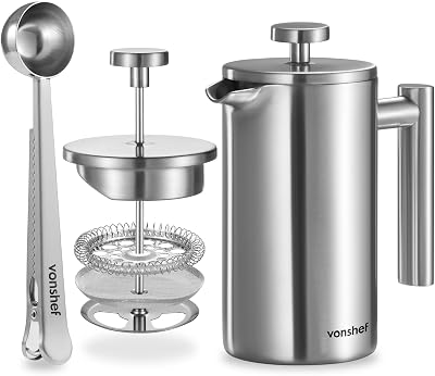 VonShef 3 Cup Cafetiere Stainless Steel 350ml Double Walled French Press