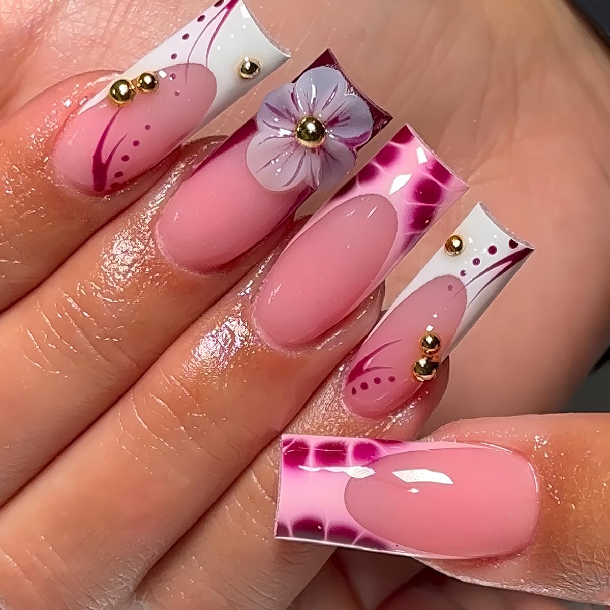 Photo 1 of 24 Pcs Handmade Press on Nails Long Square Nail Tips,YEFIUO White French Acrylic Fake Nails Press ons 3D Steel Ball Nail Charms Design Glue on Nails Full Cover Reusable False Nails Art Kit for Ma'am