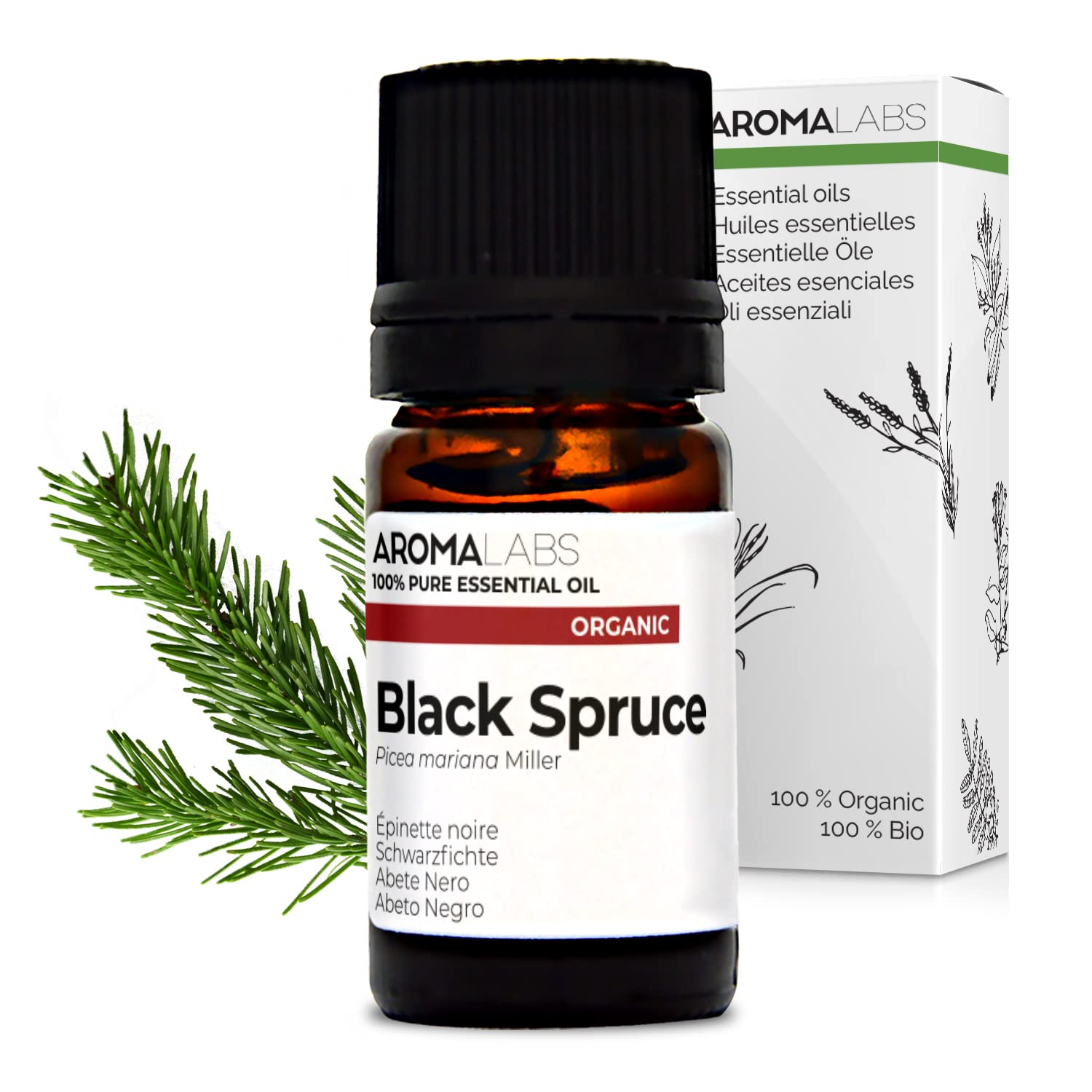 BIO - Black Spruce Essential Oil - 5mL - 100% Pure, Natural, Chemotyped and AB/Cosmos Certified - AROMA LABS (French Brand)