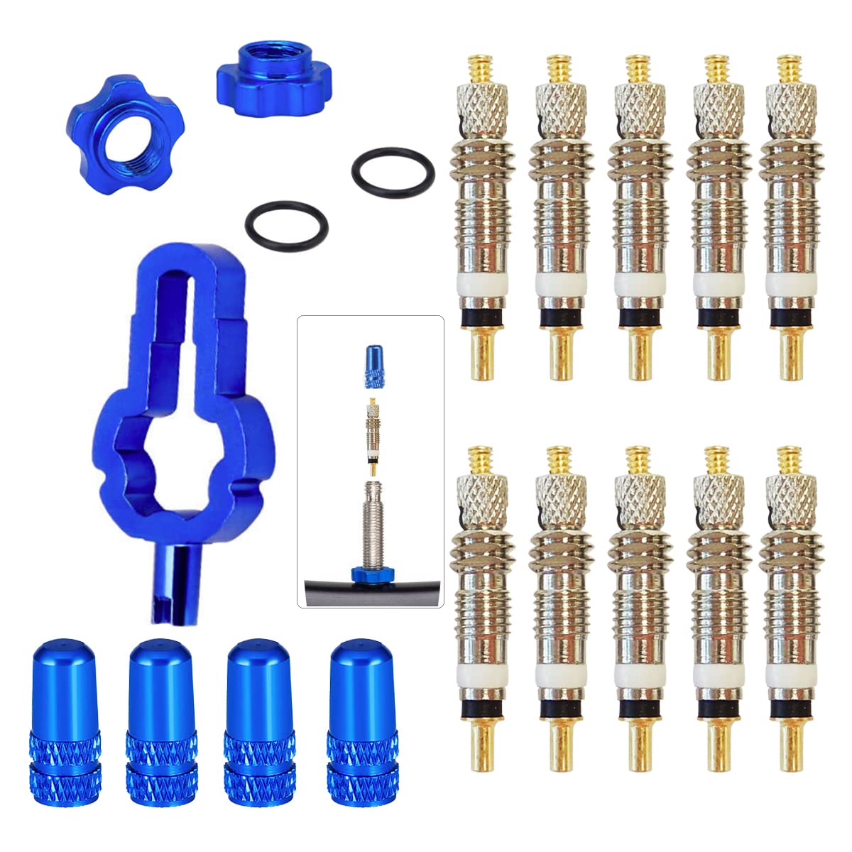 CYCEARTH 10 Pieces Presta/Schrader Valve Cores,4 Pieces Alloy Valve Caps,4 IN 1 Remover Tool,Rim Conversion Nut For Tubeless Road/MTB Bike (Presta Valve Core)