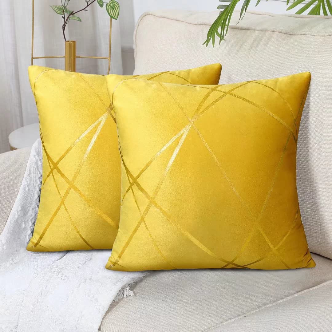 Velvet Cushion Cover 45 x 45 cm Yellow Gold Lines Decorative Pillow Covers Geometry Cushion Living Room Bench Cushion Sofa Set of 2 — image 1