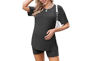 Ekouaer Women's Maternity Pajamas Sets 2 Piece Outfits Short Sleeve Shirts and Biker Shorts Pregnancy Loungewear Mama Clothes