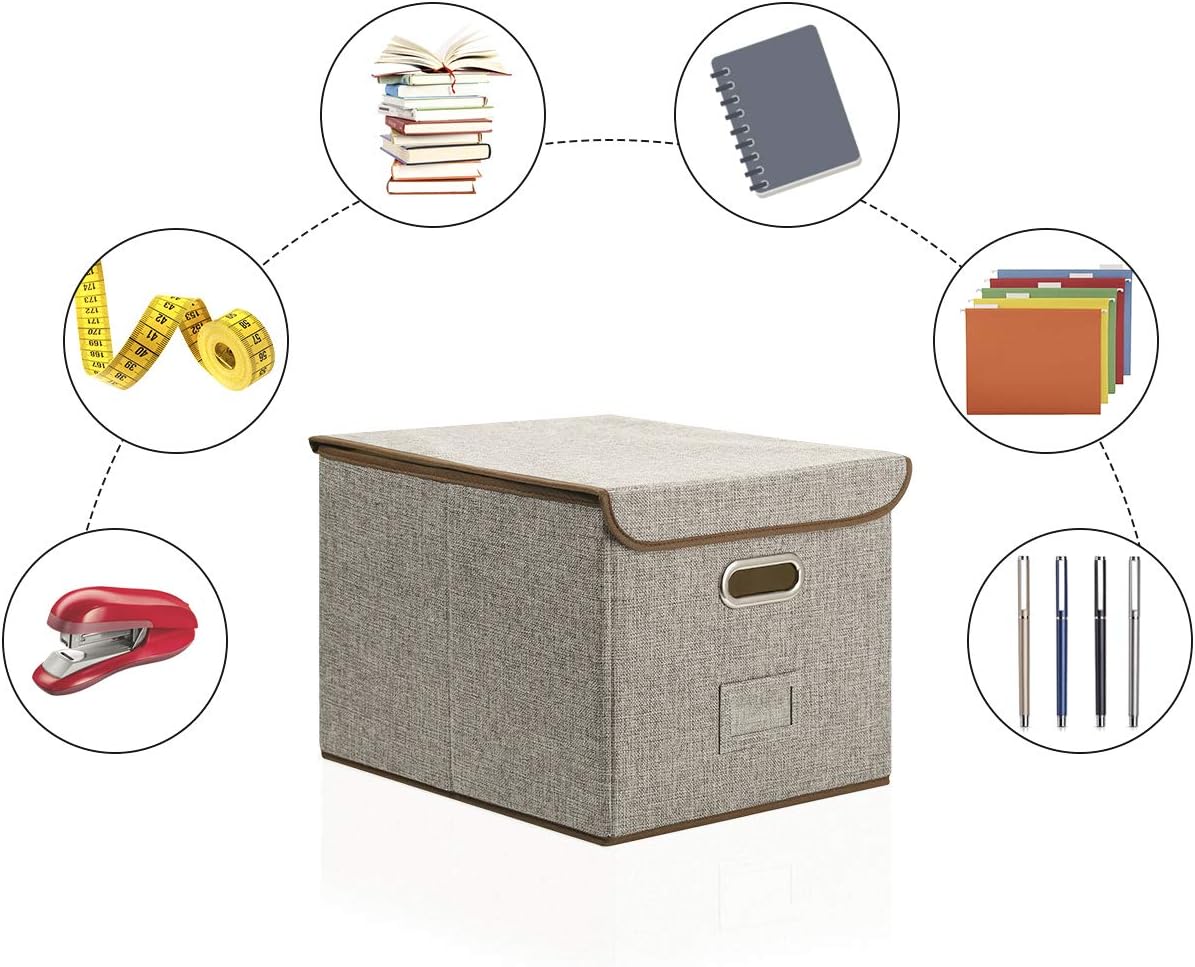 Collapsible File Box with Lid [4-Pack] Decorative Documents Storage Organizer with Linen Filing, Home Office Bin, Letter Size Legal Size(15x13x11) (Grey): Home Improvement