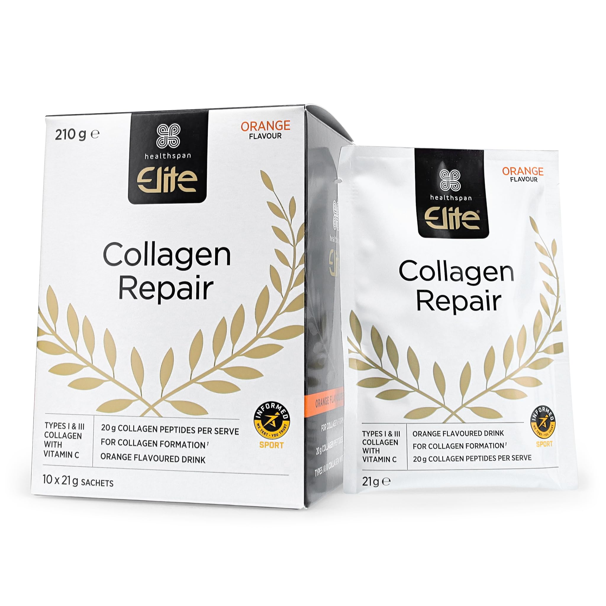 Healthspan Elite Collagen Repair Collagen (10 x sachets) | Orange Flavoured Drink | for Skin Elasticity & Hydration | Reduction of Fine Lines & Wrinkles | Joint Support & Cartilage Formation