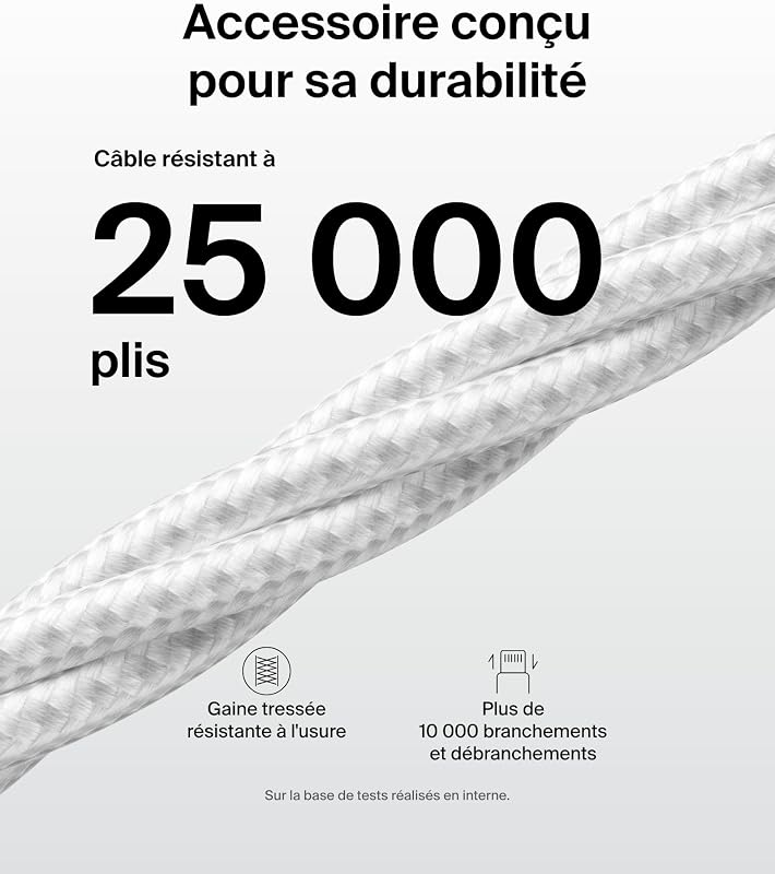 Pack de 2 Câbles USB-A vers USB-C avec gaine tressée (1,5 m, 15 W, doux au toucher, souple, recharge rapide, pour iPhone 17 et iPhone 16, Galaxy S25, Pixel 10, iPad Pro, etc., blanc)