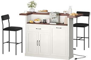 Homiflex Bar Table with Stools, 55" Kitchen Island with Storage, Breakfast Bar Table with Drop Leaf, Bar Height Table and Chairs, Mobile Storage Islands with Power Outlet, Off White