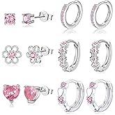 6 Pairs Huggie Hoop Earrings 925 Sterling Silver Stud Sets Cute Heart Hoops Tiny Cubic Zirconia Flower Stud Small Hypoallergenic Cartilage Sleeper Earrings