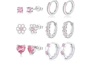6 Pairs Sterling Silver Earrings for Girls 925 Sterling Silver Stud Sets Cute Kids Heart Hoops Tiny Cubic Zirconia Flower Stu