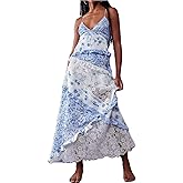 Women Y2k Floral Smocked Maxi Dress Bow Tie Shoulder Tiered Ruffle Midi Sun Dress Boho Casual Beach Long Dresses