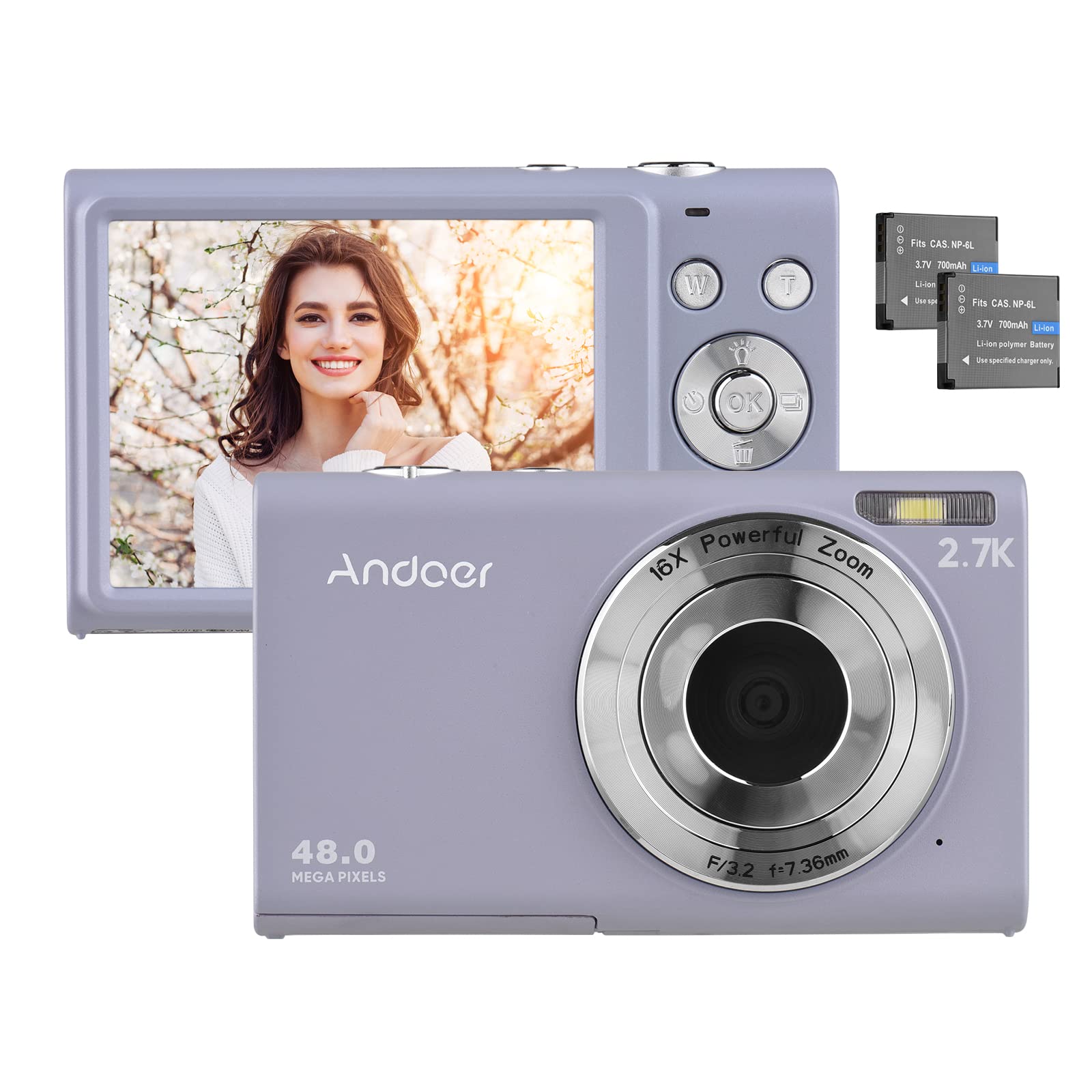 Andoer Digital Camera, 2.7K Digital Small Camera Compact Video Camcorder 48MP Auto Focus 2.88 Inch IPS Screen 16X Zoom Anti-shake Face Detact Smile Capture Built-in LED Fill Light for Kids Teenagers