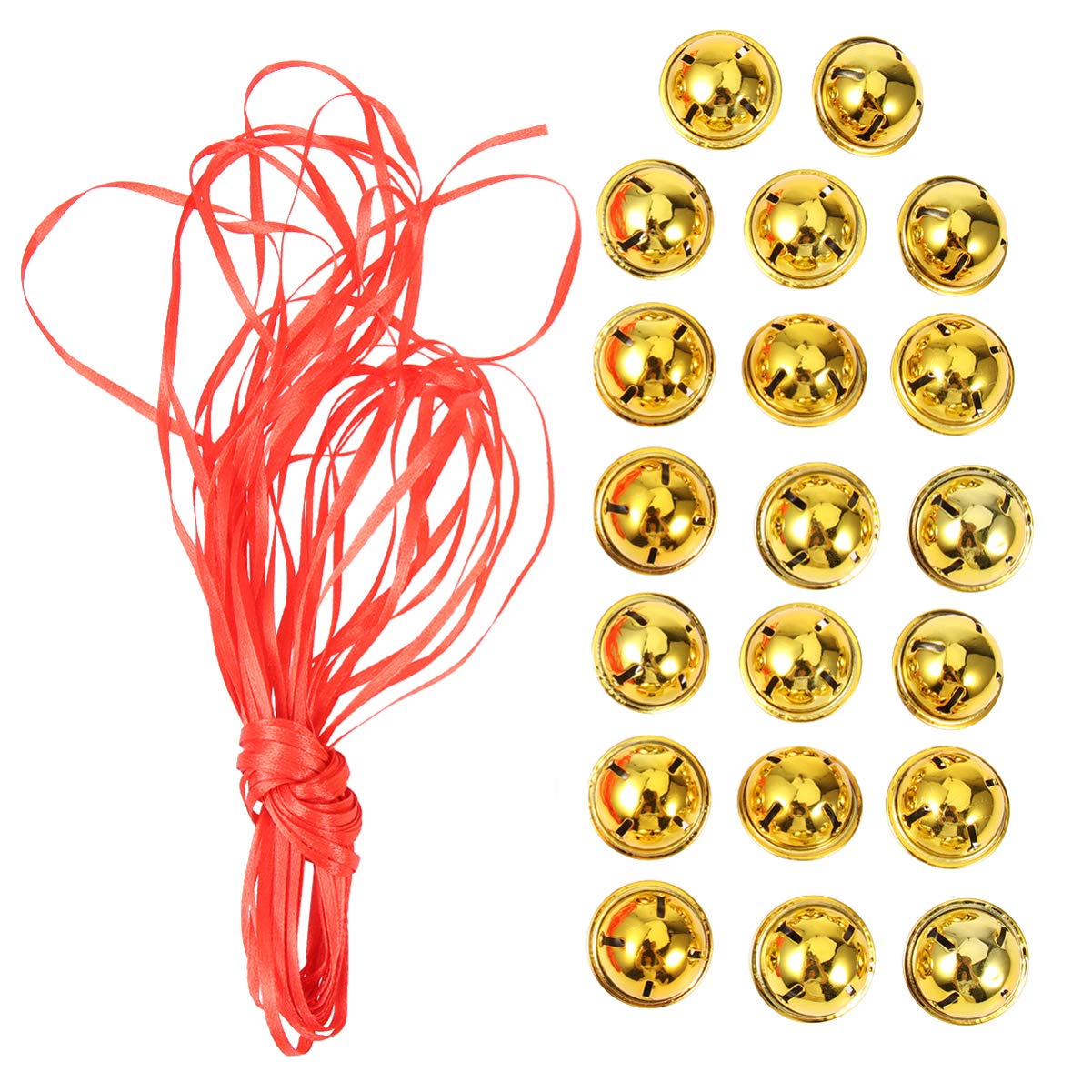 Amosfun 20pcs Mini Bells with Star Cutouts - Christmas Tree Decorations Ornaments for Holiday Craft With 10m Ribbon, 3cm Golden