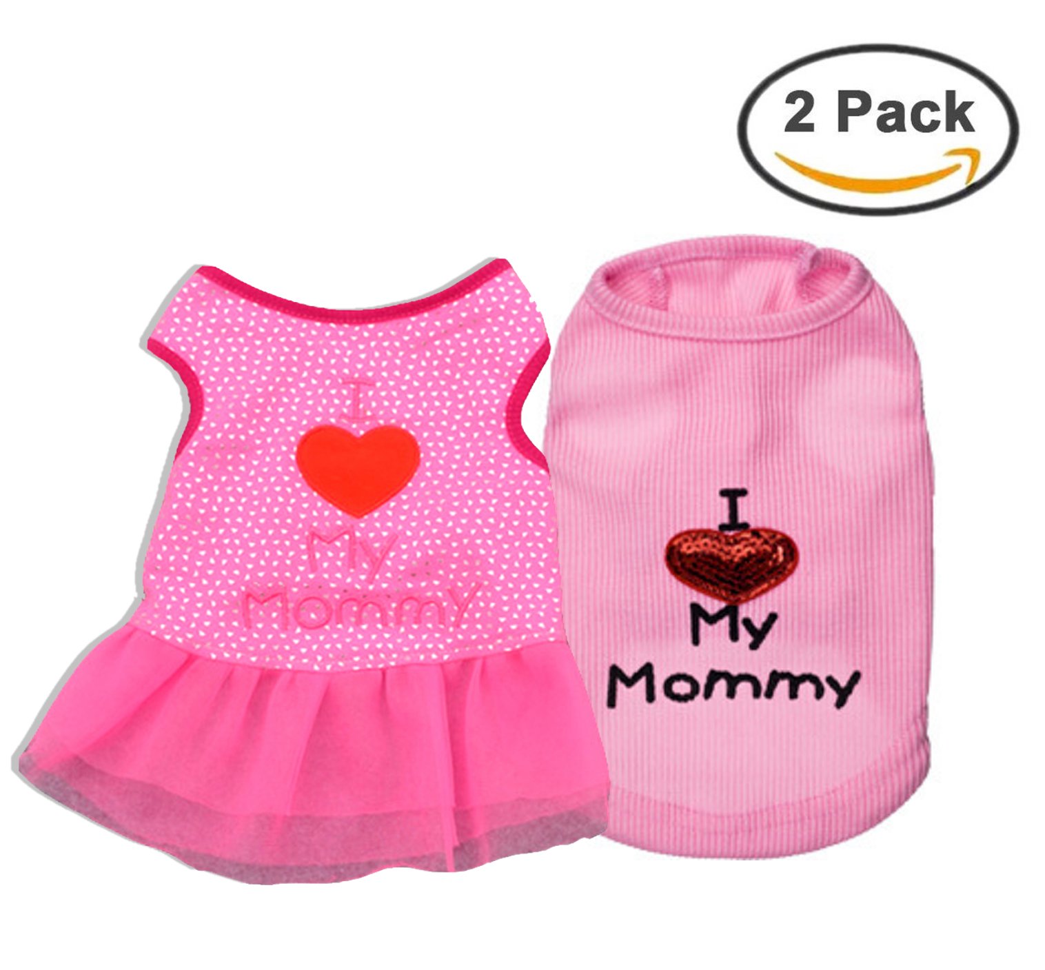Ollypet Pack of 2 Dog Clothes For Small Dogs I Love Mommy Shirt Dress Girl Puppy Cat Pink Pet Cute Summer Chihuahua Yorkie Outfit M