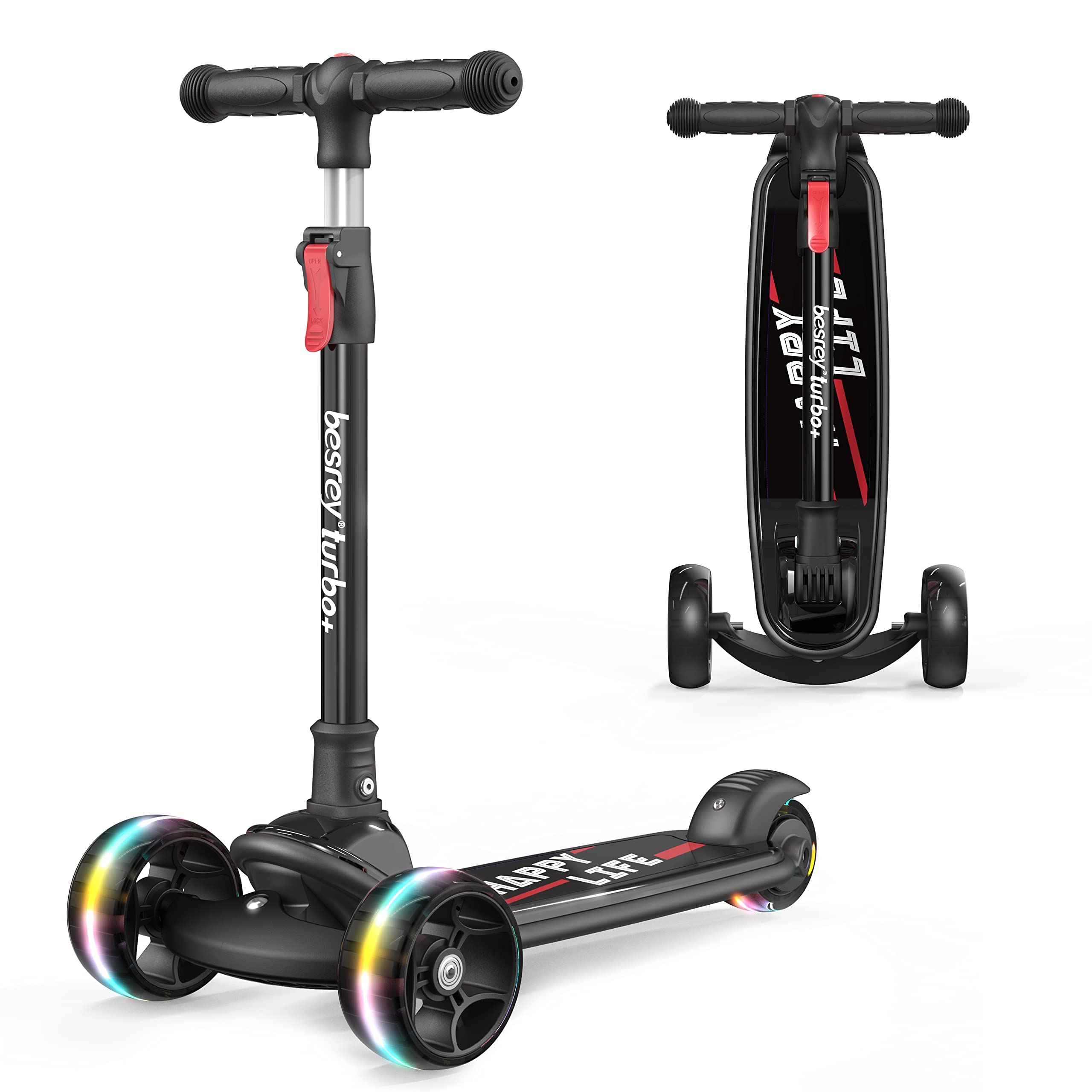 besrey Kids Scooter - Big Wheels Foldable Kick Scooter with Flashing LED Lights for Boys Girls, 4 Levels Height Adjustable, 3 Wheel Scooter for Kids Ages 3-10 with Safe Lean to Steer Design