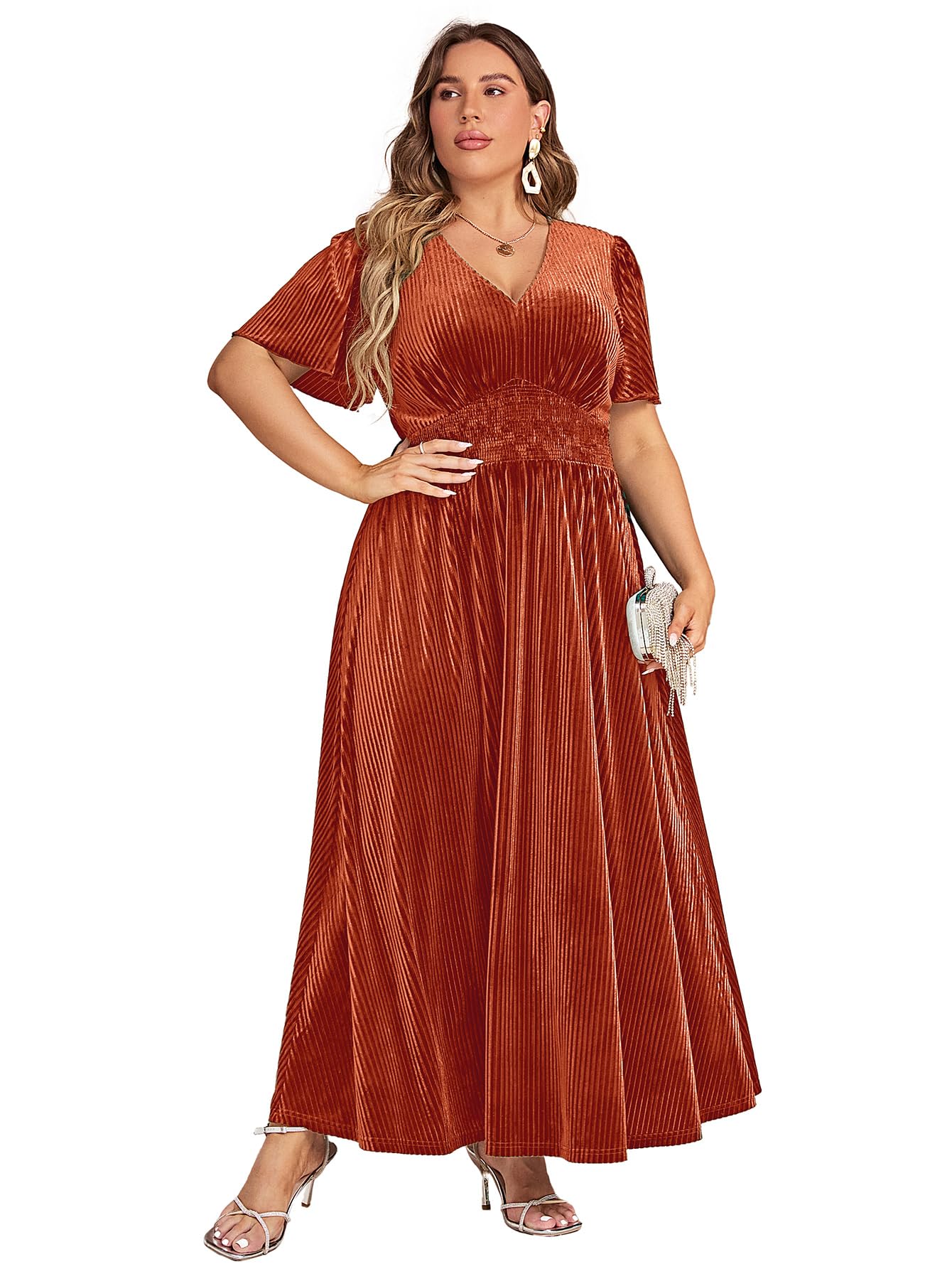Simplee Women's V Neck Plus Size Velvet Maxi Dress Fall Short Sleeve Evening Party Long Formal Dress for Wedding Guest(2XL Pumpkin Orange) Image