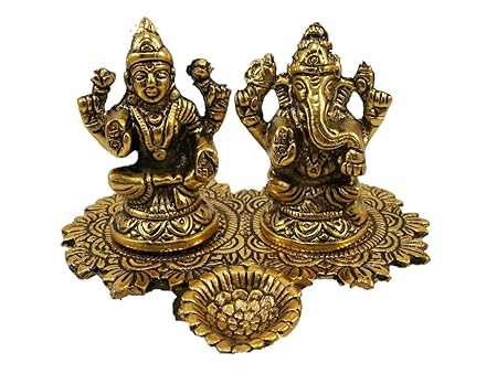 Neo Classic Laxmi Ganesh Idol Showpiece Oil Lamp Diya Deepak - Metal Lakshmi Ganesh Statue - Diwali Home Decoration Items - Lakshmi Ganesh for Diwali puja