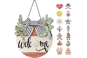 WSTPUPU Interchangeable Seasonal Welcome Sign Front Door Decoration Rustic Round Wood Wreaths for Spring Summer Fall Winter H