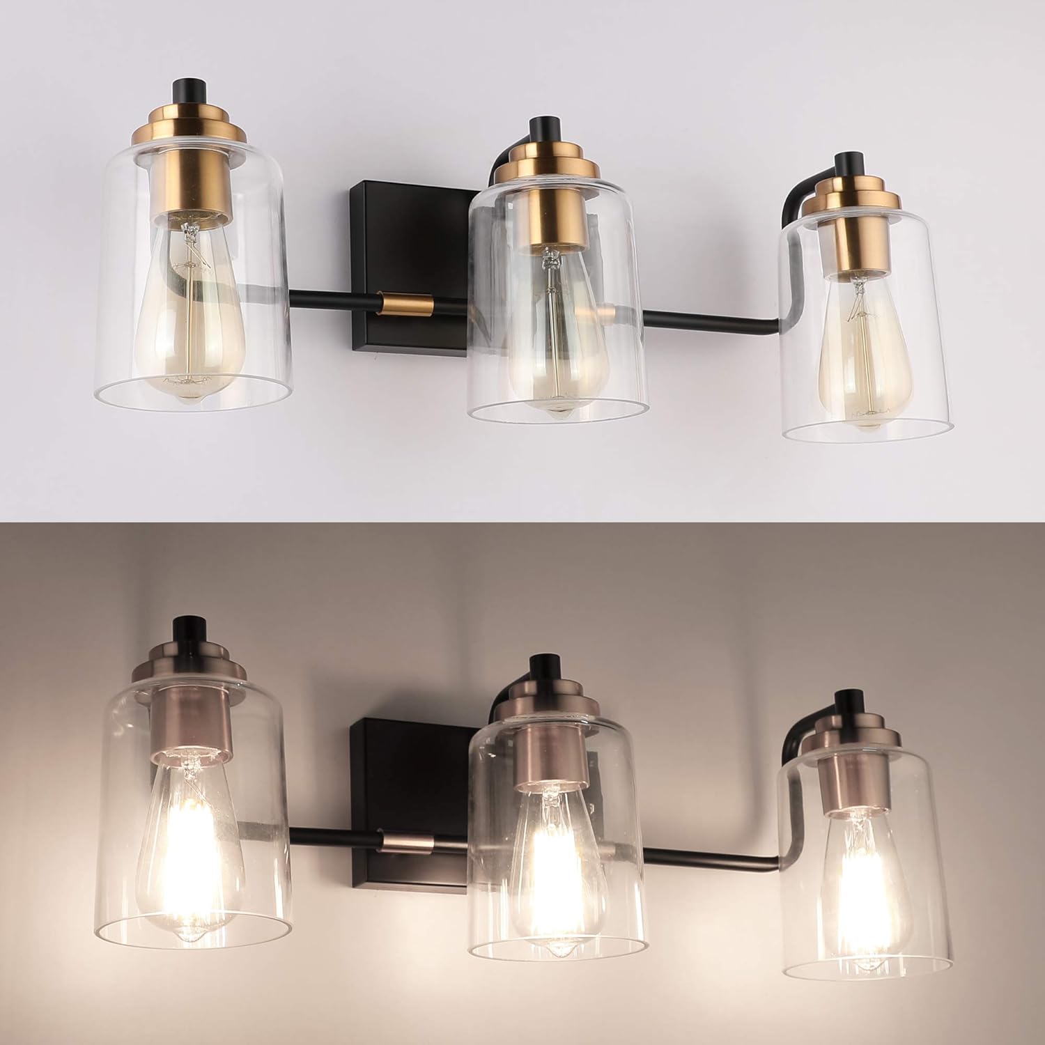 SOLFART 3 Head Vintage Bath Vanity Light Wall Decor Bathroom Over Mirror Modern Glass Shade Light Fixtures (3 Lights-Exclude Bulb) - - 