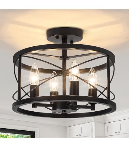 WELGUD Black Ceiling Light – Industrial Semi Flush Mount 4-Light Farmhouse Chandelier, Vintage Metal Fixture For Kitchen Island, Hallway, Bedroom, Or Dining Area
