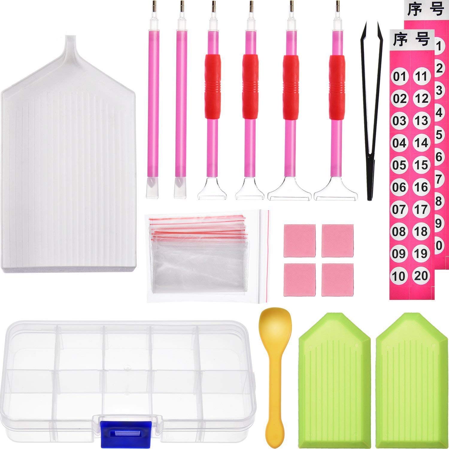 Diamond Painting Tools Kits Diamond Stitch Accessories with Pen, Tweezers, Glue, Plastic Tray, Diamond Embroidery Box and Bags, Labels, Spoon for Diamond Embroidery, Totally 38 Pieces