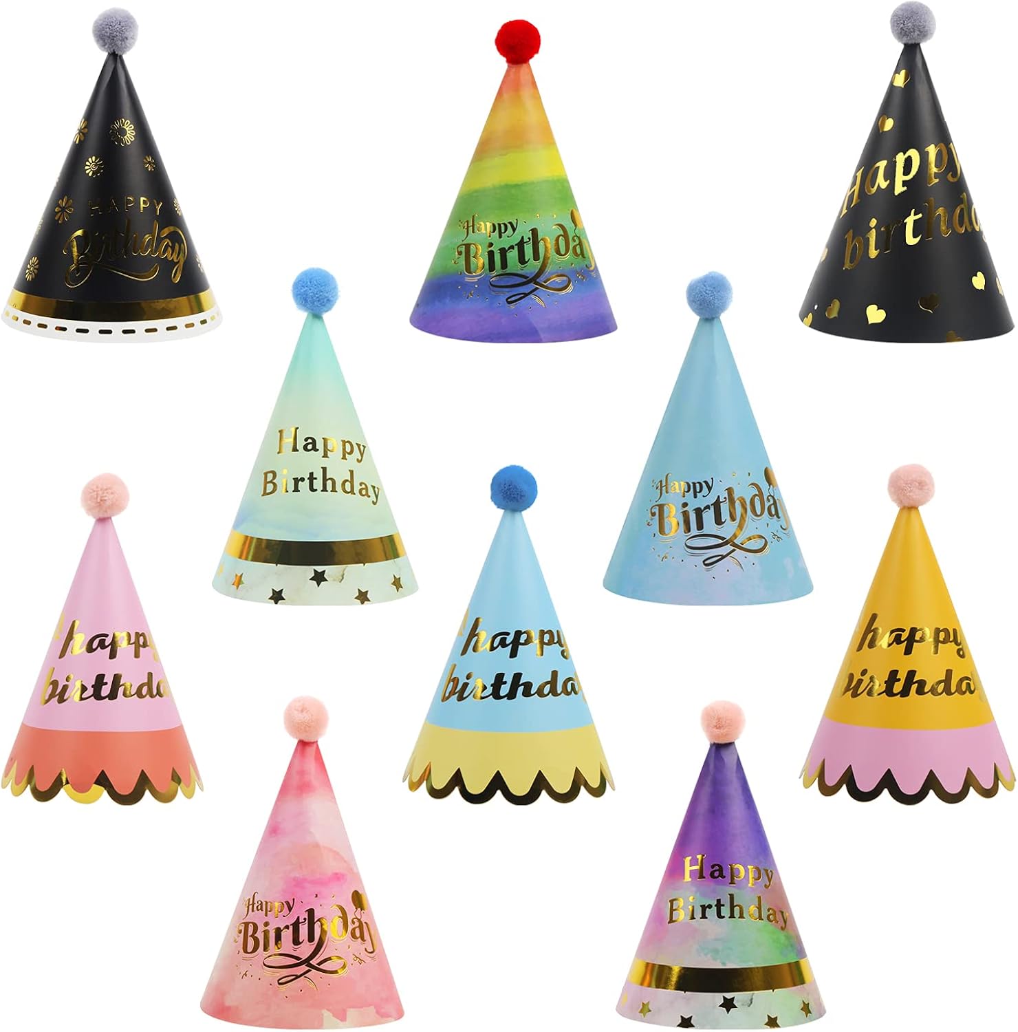 DIYASY Kids Birthday Party Hats, 10 PCS Colorful Party Cone Paper Hats with Pom Poms for Kids Party Decorations Supplies Rainbow: Clothing