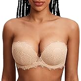 DOBREVA Women's Strapless Push Up Bra Lace Plus Size Plunge Padded Underwire Bras Add 1 Cup