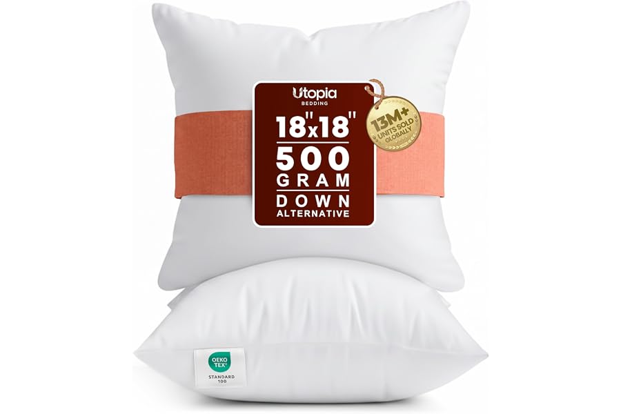 Utopia Bedding 18x18 Pillow Inserts, White Throw Pillows for Couch, 2 Pack | 100% Virgin Filling, Indoor Cushion Inserts for bed, sofa & couch, Extra Filled, Supportive & Fluffy Decorative Pillows