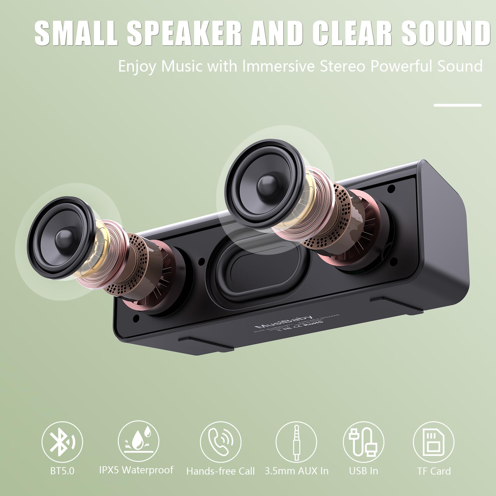 Bluetooth Speaker, MusiBaby M71 Speaker, IPX5 Stereo Sound Waterproof Portable Speakers, Dual Pairing, 24HRs Playtime for Indoor/Outdoor - Black