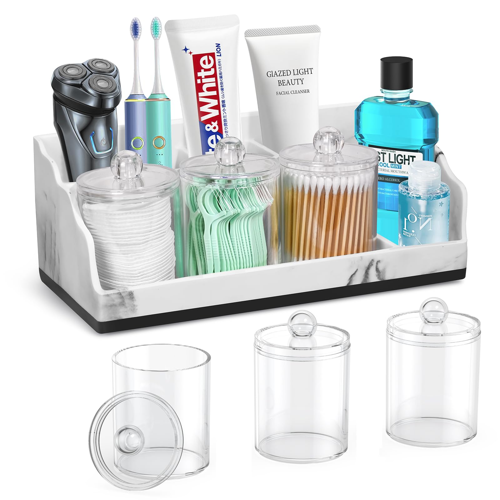 TuCao Marble Bathroom Countertop Organizer, Toothbrush Holders for Bathroom with 3PCS Qtip ...