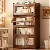 qeknxks 55" Bamboo Bookcases,Book Shelfs with Acrylic Doors,Freestanding Display Storage Shelves for Collectibles,4 Tier Tall Bookshelfs &amp; Bookcases for Living Room Bedroom Home Office