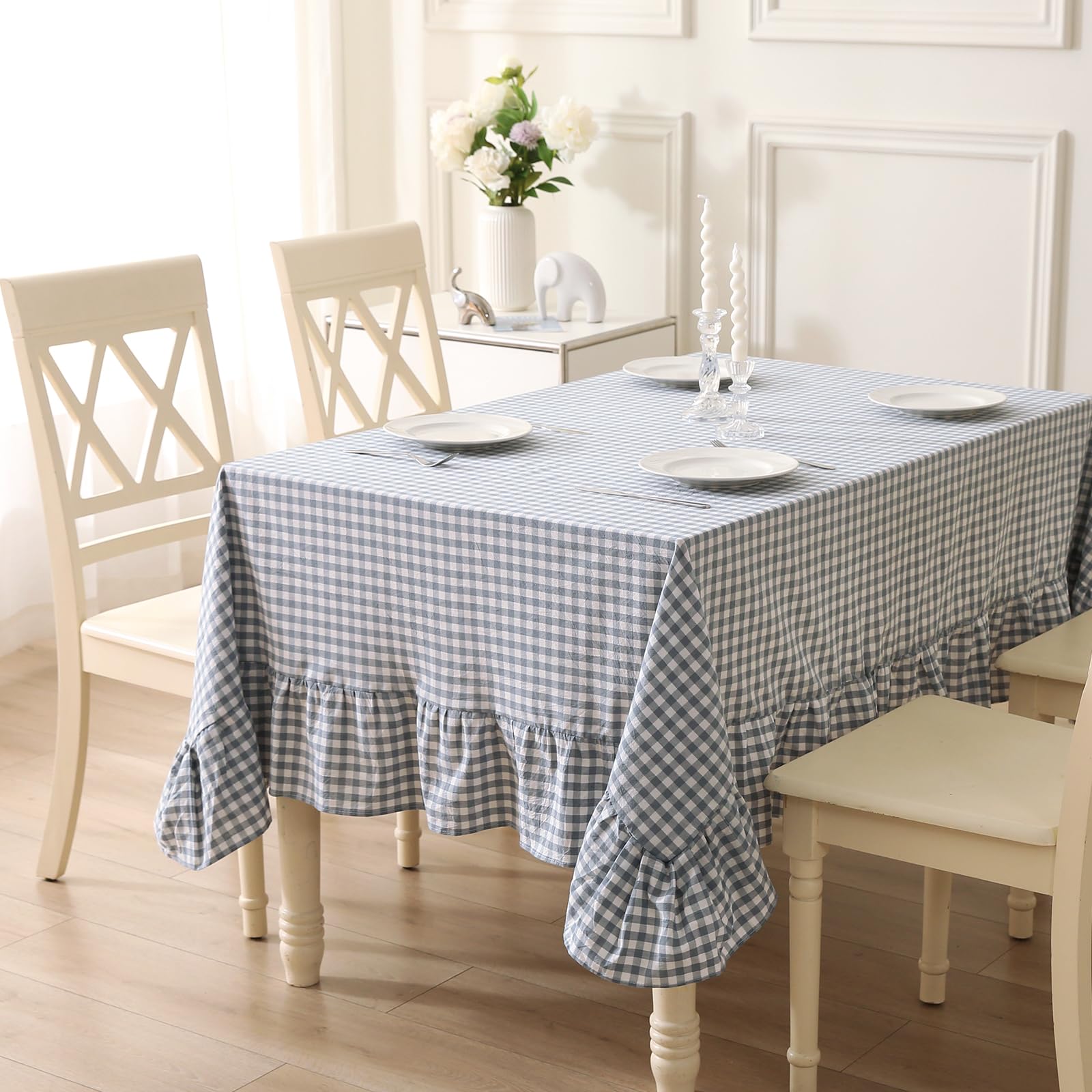 Photo 1 of K MASANIJI Dust Blue White Plaid Ruffled Table Cloth Rectangular for Seat 8-10, 100% Washed Cotton Buffet Cottage Coquette Checker Gingham Vintage Decorative Tablecloth - 120"x60"