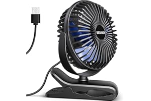 BESKAR USB Powered Clip on Fan, Portable Small Fan with Cord, 3 Speeds Strong Airflow, Personal Fan with Sturdy Clamp, Quiet 