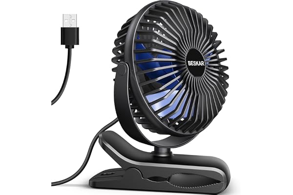 BESKAR USB Powered Clip on Fan, Portable Small Fan with Cord, 3 Speeds Strong Airflow, Personal Fan with Sturdy Clamp, Quiet