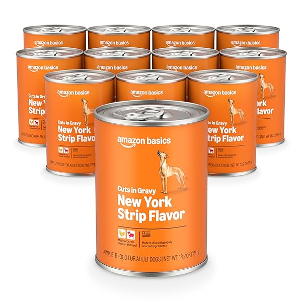 AMAZON BASICS WET DOG FOOD, CUTS IN GRAVY, NEW YORK STRIP FLAVOR, MADE WITH REAL CHICKEN & BEEF, 13.2 OZ CAN (PACK OF 12)