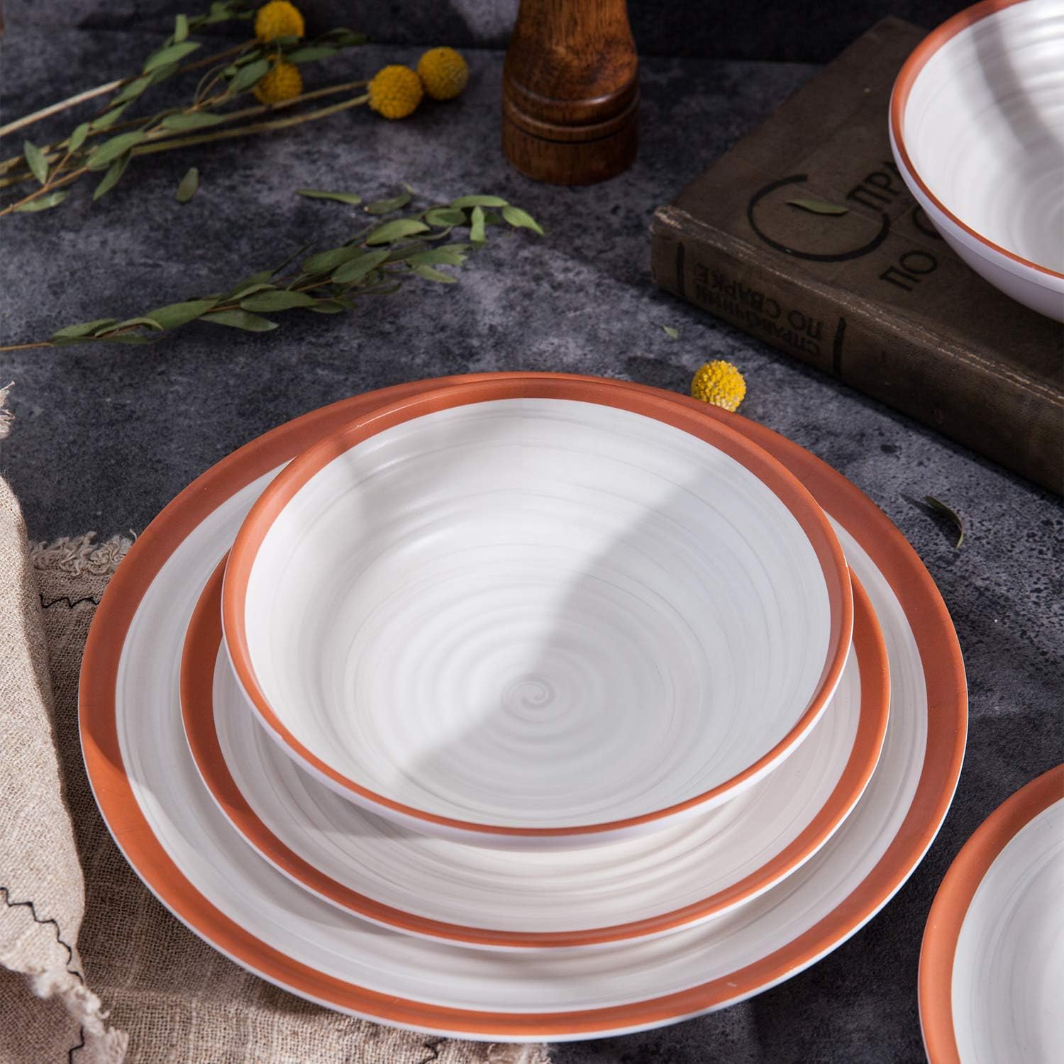  | Melamine Dinnerware Set 12 PCS Rustic Beige Durable Plates Bowls Unbreakable Dishwasher Safe Not Microware Not Oven: Dinnerware Sets