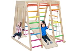 EDOSTORY 7 in 1 Pikler Indoor Playground Jungle Gym Playset, Wooden Montessori Climber with Slide, Rock Climb Wall, Monkey Bars, Rope Ladder, Climbing Rope and Swing for Kids（Rainbow）