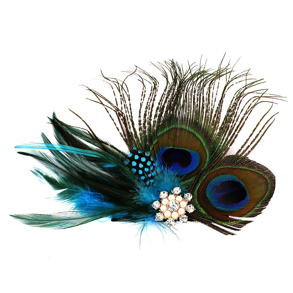 RUNHENG Handmade Feather Peacock Hair clip, Natural Feather Fascinator Barrette with Crystal and Pearl