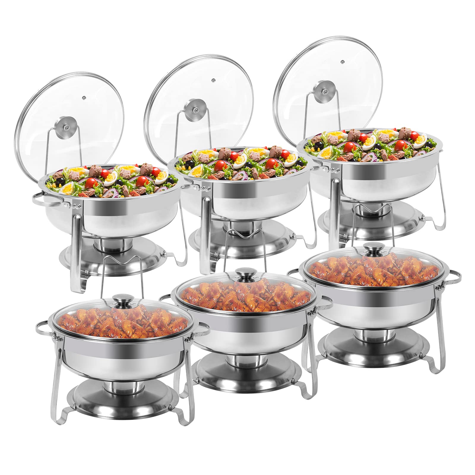 Photo 1 of BriSunshine 6 Packs Round Chafing Dish Buffet Set, 4 QT Stainless Steel Chafing Dishes with Glass Lid & Lid Holder, Catering Food Warmers for Parties Buffet Weddings Events
