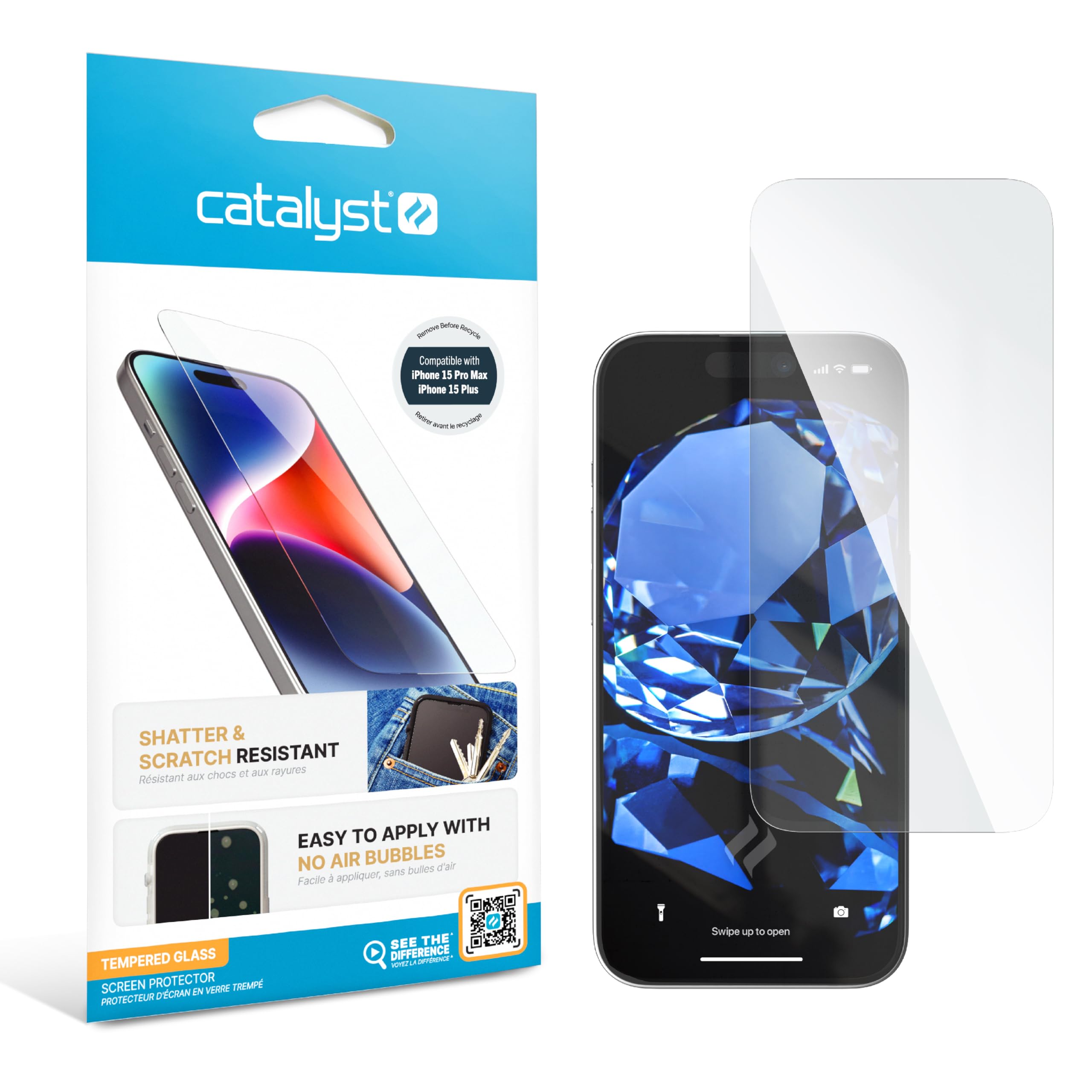 Catalyst Tempered Glass Screen Protector for iPhone 15 Pro Max and 15 Plus, Full Coverage Against Drops, Cracks, Surface Scratches, Case-Friendly, Compatible Case, Touch-Sensitive, Bare-Screen Feel…