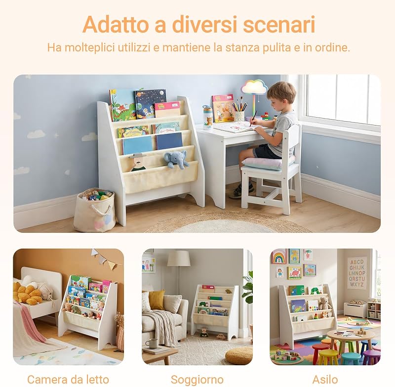 Libreria Montessoriana per Bambini Organizer con 4 Tasche in Tessuto Scaffale Porta Libri e Giochi, Portariviste a Terra Scaffale per Riviste Salvaspazio, Bianco 62x30x71cm FRG225-W